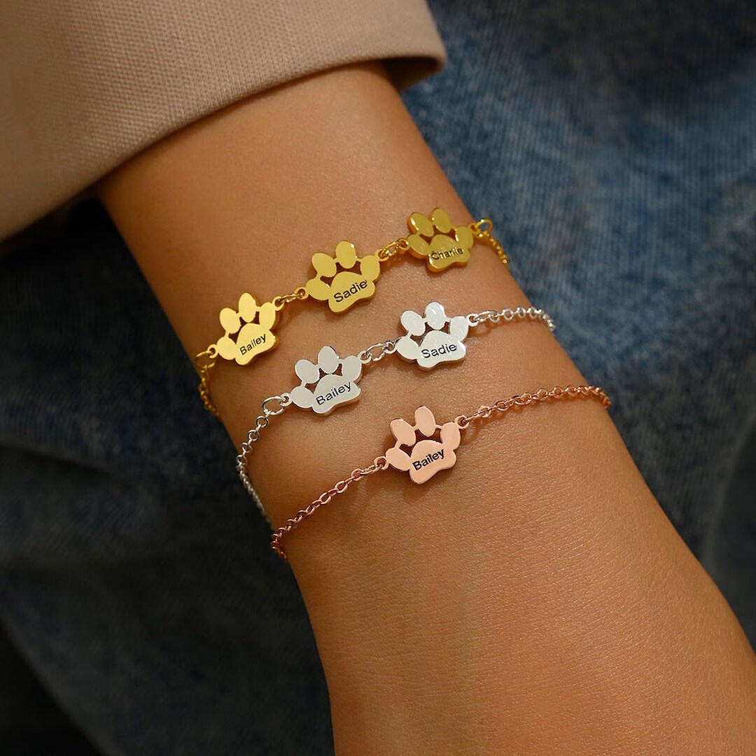 Paw Print Name Bracelet, Personalized Elegant Dog Paw Bracelet ...