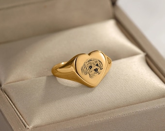 Custom Heart Pet Portrait Ring, Personalized Dog Cat Jewelry