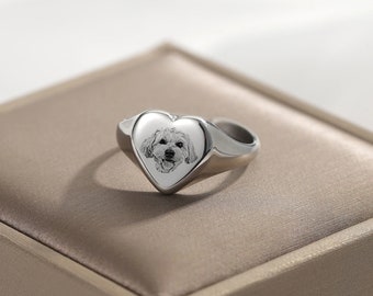 Custom Heart Pet Portrait Ring, Dog Cat Memorial Jewelry
