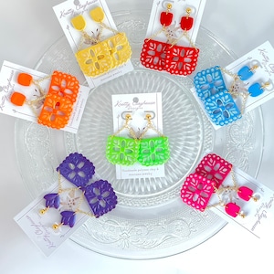 Papel picado clay earrings, fiesta earrings, cindo de mayo earrings, Mexican earrings, polymer clay jewelry, hypoallergenic and lightweight