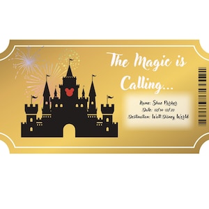 DisneyWorld / DisneyLand Goldenes Ticket - personalisiertes Gold Disneyworld Ticket Reise Überraschungskarte Gutschein offenbaren Geschenk vorhanden Einladung.