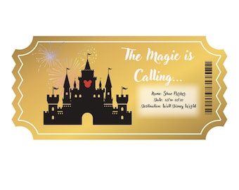 DisneyWorld/DisneyLand Golden Ticket - Tarjeta sorpresa de viaje con boleto dorado personalizado para Disneyworld, vale para revelar regalo, invitación.