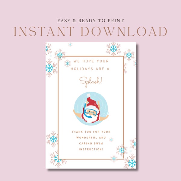 Swim Teacher Holiday Card/Thank You/Gift Card Note **Printable Instant Download**