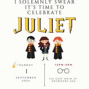 May include: A Harry Potter themed birthday invitation with a yellow and black color scheme. The invitation features a cartoon illustration of three characters from the Harry Potter series. The text reads "I solemnly swear it's time to celebrate Juliet. Sunday, September 1, 2025, 12 PM - 2 PM, 124 East Main St., Anywhere USA. RSVP 555-555-555."