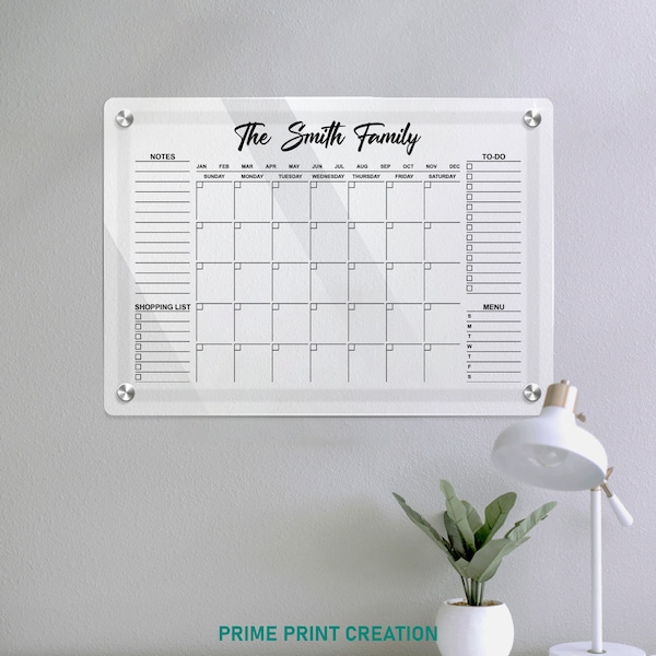 Agenda familial en acrylique 24 x 35 po. | Calendrier mensuel personnalisé | Tableau effaçable à sec | Calendrier mural | Livraison gratuite | Fièrement canadien
