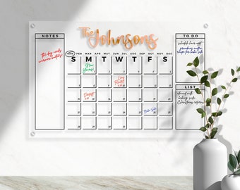 Calendrier perpétuel personnalisé en acrylique 24 x 35 pouces - Agenda mensuel effaçable à sec avec tableau d'affichage pour les notes et les tâches