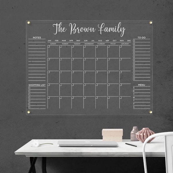 Large Personalized Acrylic Family Planner - 24x35 in - Monthly Dry Erase Calendar | Free Shipping | Silver Standoffs | Made in Canada