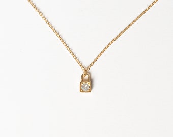 14K Gold Plated Sterling Silver Lock Necklace – Dainty Zircon Charm Pendant