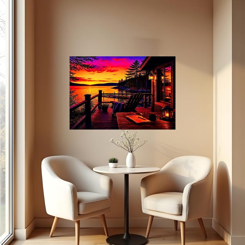 May include: A rectangular wall art print depicting a sunset over a lake viewed from a wooden deck. The scene features a chair, a table with a book and a lantern, and a vibrant sky with purple, orange, and yellow hues above dark silhouettes of trees.