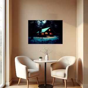 Op de afbeelding: Een rechthoekige wandkunstprint met een donker, besneeuwd boslandschap bij nacht. Een kleine hut met een zadeldak en een schoorsteen staat in het midden, verlicht door warm, oranje licht dat uit de ramen en de deuropening naar buiten schijnt.