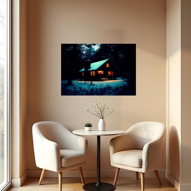 Op de afbeelding: Een rechthoekige wandkunstprint met een donker, besneeuwd boslandschap bij nacht. Een kleine hut met een zadeldak en een schoorsteen staat in het midden, verlicht door warm, oranje licht dat uit de ramen en de deuropening naar buiten schijnt.