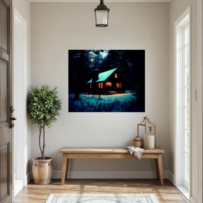 Op de afbeelding: Een rechthoekige wandkunstprint met een donkere hut in een besneeuwd bos bij nacht. De hut heeft een met sneeuw bedekt dak en gloeiende oranje ramen. Het omliggende landschap wordt verlicht door een koel blauw licht, dat contrasteert met het warme licht dat uit het interieur van de structuur straalt.