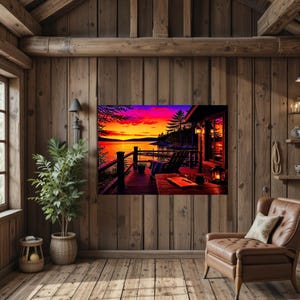 May include: A rectangular wall art print depicting a sunset over a lake from a wooden deck. The scene features a dark silhouette of a chair, a table with a book and lantern, and a vibrant orange, yellow, and purple sky framed by pine trees.