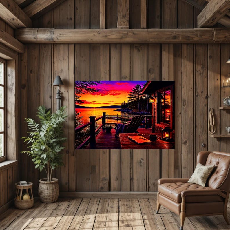 May include: A rectangular wall art print depicting a sunset over a lake from a wooden deck. The scene features a dark silhouette of a chair, a table with a book and lantern, and a vibrant orange, yellow, and purple sky framed by pine trees.