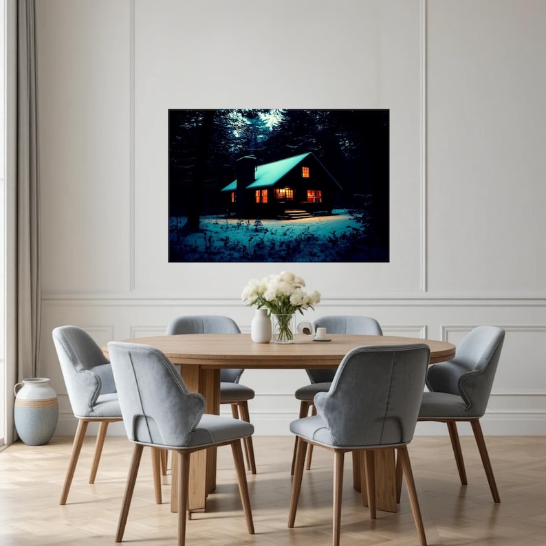 Op de afbeelding: Een rechthoekige wandkunstprint met een donker, besneeuwd bos bij nacht en een kleine hut die wordt verlicht door warm oranje licht uit de ramen en deuropening, tegen een achtergrond van diepblauwe schaduwen en dichte dennenbomen.