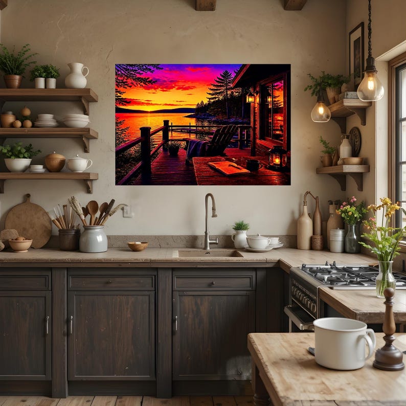 May include: A wall art print depicting a sunset over a lake with a wooden deck, a chair, and a lantern, displayed in a kitchen with dark cabinets, open shelving, a stainless steel sink, a gas stove, and various ceramic kitchenware items.