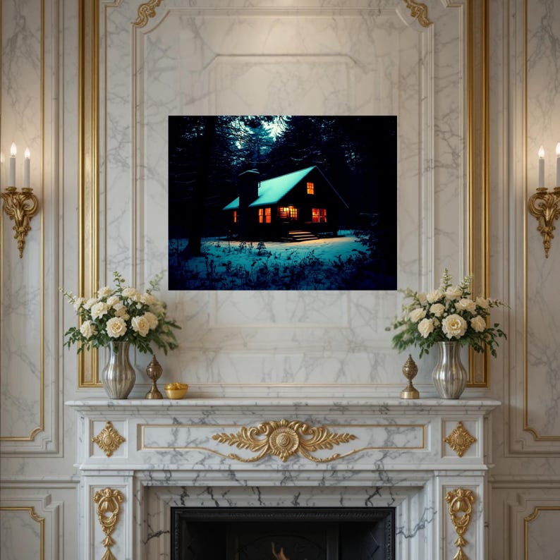 Op de afbeelding: Een rechthoekige wandkunstprint met een donker, besneeuwd boslandschap bij nacht, met een kleine hut verlicht door warm, oranje licht uit de ramen en deuropening, tegen een achtergrond van diepblauwe schaduwen en een besneeuwde ondergrond.