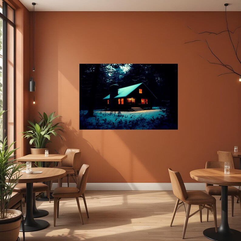 Op de afbeelding: Een rechthoekige wandkunstprint met een donker, besneeuwd boslandschap bij nacht, met een hut die wordt verlicht door warm, oranje licht uit de ramen. De hut heeft een zadeldak en is omgeven door diepblauwe schaduwen en besneeuwde grond.