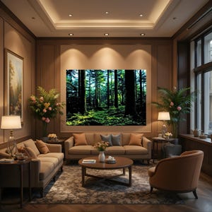 May include: A large rectangular wall art print depicting a dense forest with tall dark tree trunks and vibrant green foliage, mounted on a beige wall above a beige sofa in a room with two beige sofas, a round wooden coffee table, and lamps.