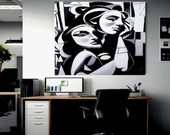 Wall Art Canvas Black and White Masked Woman Abstract Artwork Design Vibrant Elegance Modern Decor Style
