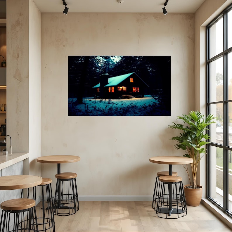 Op de afbeelding: Een rechthoekige wandkunstprint met een donker, besneeuwd boslandschap bij nacht met een kleine hut. De hut heeft een oplichtend dak en warm verlichte ramen die een zacht licht werpen op de omliggende besneeuwde grond.