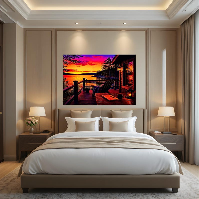 May include: A rectangular wall art print depicting a vibrant sunset over a lake, viewed from a wooden deck with a chair, a table, and a lantern. The scene features deep orange, purple, and yellow hues, with silhouettes of trees and a cabin.