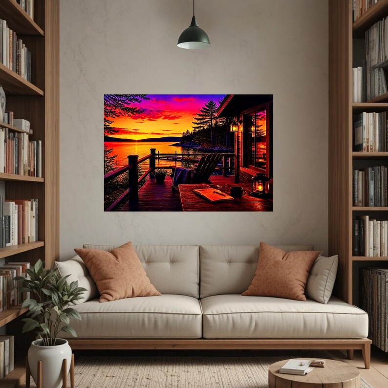 May include: A framed wall art print depicting a sunset over a lake viewed from a wooden deck. The scene features a chair, a table with an open book, and a lantern. The sky is vibrant with orange, yellow, and purple hues, reflecting on the water.