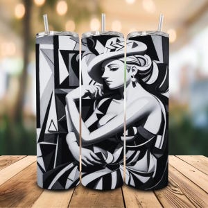 Caneca térmica de aço inoxidável com estampa cubista em preto e branco, 473 ml (16 oz), estilo Picasso.