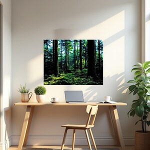 May include: A rectangular wall art print featuring a dense forest scene with tall dark tree trunks and vibrant green foliage on the ground. The image displays a high-contrast view of a woodland area with sunlight filtering through the canopy.