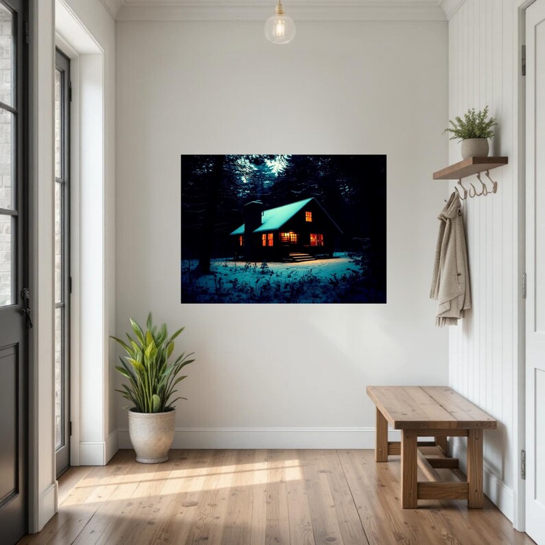 Op de afbeelding: Een rechthoekige wandkunstprint met een donkere hut in een besneeuwd bos bij nacht. De hut straalt een warm oranje licht uit vanuit de ramen en de deur, wat contrasteert met de diepblauwe tinten van de omringende bomen en de sneeuw.