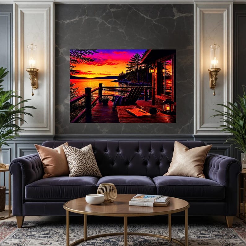 May include: A rectangular wall art print depicting a sunset over a lake from a wooden deck. The scene features a dark silhouette of a chair, a table with a book and lantern, and a vibrant orange, pink, and purple sky above the water and trees.