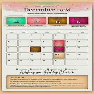 Op de afbeelding: Een kalender voor december 2026 met uiterste verzenddata voor de feestdagen. De lay-out bevat een kalenderrooster, kleurgecodeerde vakken voor verzenddeadlines en een verzendbericht onderaan. De tekst luidt Wishing you Holiday Cheer.