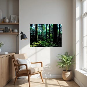 May include: A rectangular wall art print featuring a dense forest scene with tall dark tree trunks and a vibrant green mossy floor. The image displays deep shadows and bright sunlight filtering through the canopy, creating a high-contrast woodland landscape.