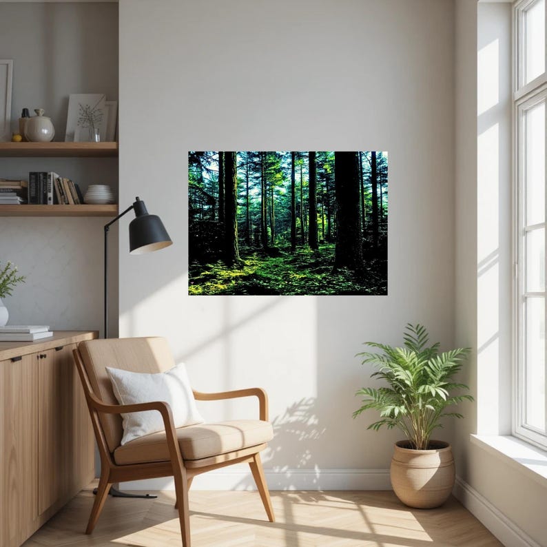May include: A rectangular wall art print featuring a dense forest scene with tall dark tree trunks and a vibrant green mossy floor. The image displays deep shadows and bright sunlight filtering through the canopy, creating a high-contrast woodland landscape.