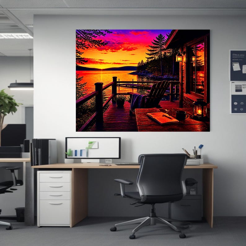 May include: A large wall art print depicting a sunset over a lake viewed from a wooden deck. The scene features a chair, a table with an open book, and a lantern. The sky is vibrant with orange, pink, and purple hues, reflecting on the water.