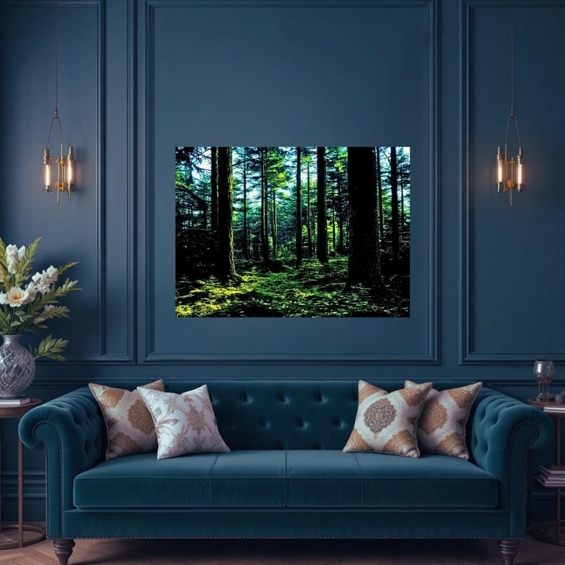 May include: A rectangular wall art print featuring a dense forest scene with tall, dark tree trunks and vibrant green foliage on the forest floor. The image captures a play of light and shadow filtering through the canopy, creating a high-contrast view.