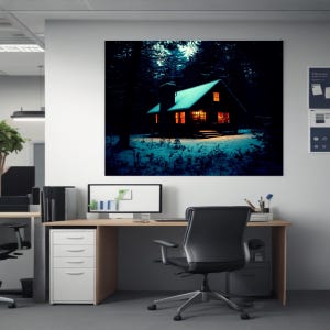 Op de afbeelding: Een grote wandkunstprint met een donker, besneeuwd boslandschap bij nacht, met een hut waarvan het oranje binnenlicht door de ramen schijnt, tegen een achtergrond van hoge, donkere bomen en een met sneeuw bedekte ondergrond.