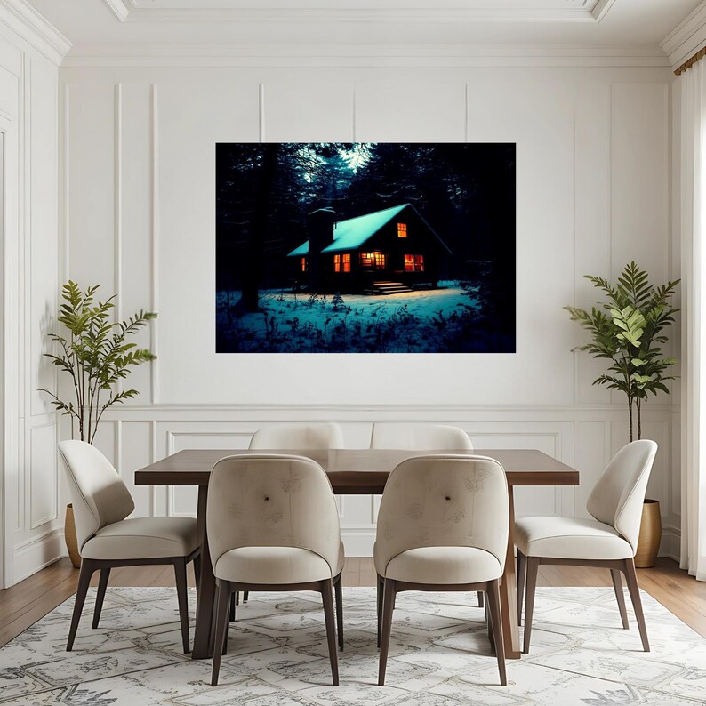 Op de afbeelding: Een rechthoekige wandkunstprint met een donker, besneeuwd boslandschap bij nacht, met een hut die wordt verlicht door warm oranje licht uit de ramen en deuropening, tegen een achtergrond van diepblauwe schaduwen en hoge dennenbomen.