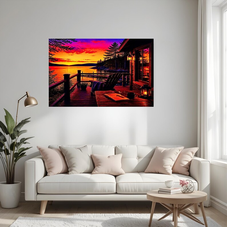 May include: A wall art print depicting a wooden deck overlooking a lake at sunset. The scene features a dark wooden chair, a table with an open book, a mug, and a glowing lantern. The sky is vibrant with shades of purple, orange, and yellow.