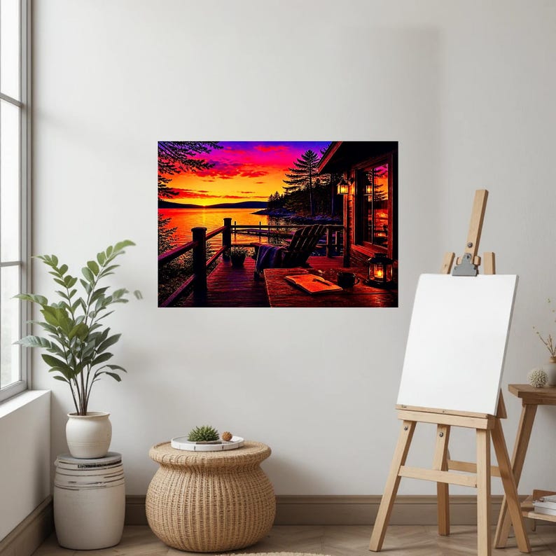 May include: A rectangular wall art print depicting a sunset over a lake from a wooden deck. The scene features a dark silhouette of a chair, a table with an open book, and a glowing lantern. The sky is filled with vibrant orange, pink, and purple hues.