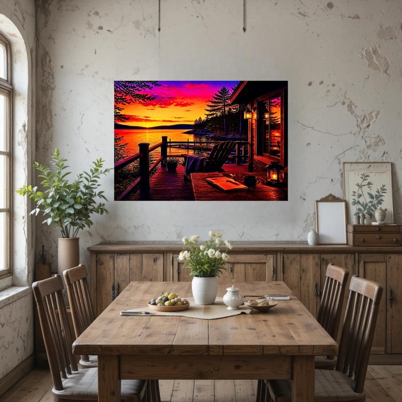 May include: A rectangular wall art print depicting a sunset over a lake from a wooden deck. The scene features a chair, a table with a book and lantern, and a vibrant sky with orange, pink, and purple hues above a dark forest silhouette.