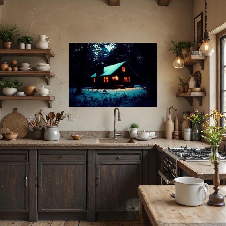 Op de afbeelding: Een rechthoekige wandkunstprint met een donker, besneeuwd boslandschap bij nacht met een gloeiende hut met verlichte ramen. De print is bevestigd aan een beige keukenmuur boven een gootsteen, omringd door houten kasten en planken.