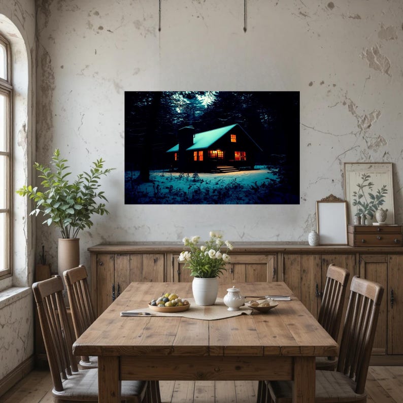 Op de afbeelding: Een rechthoekige wandkunstprint met een donker, besneeuwd boslandschap bij nacht met een gloeiende hut. De hut heeft een zadeldak, een schoorsteen en warm geel licht dat uit de ramen straalt, in contrast met de blauwachtige sneeuw.