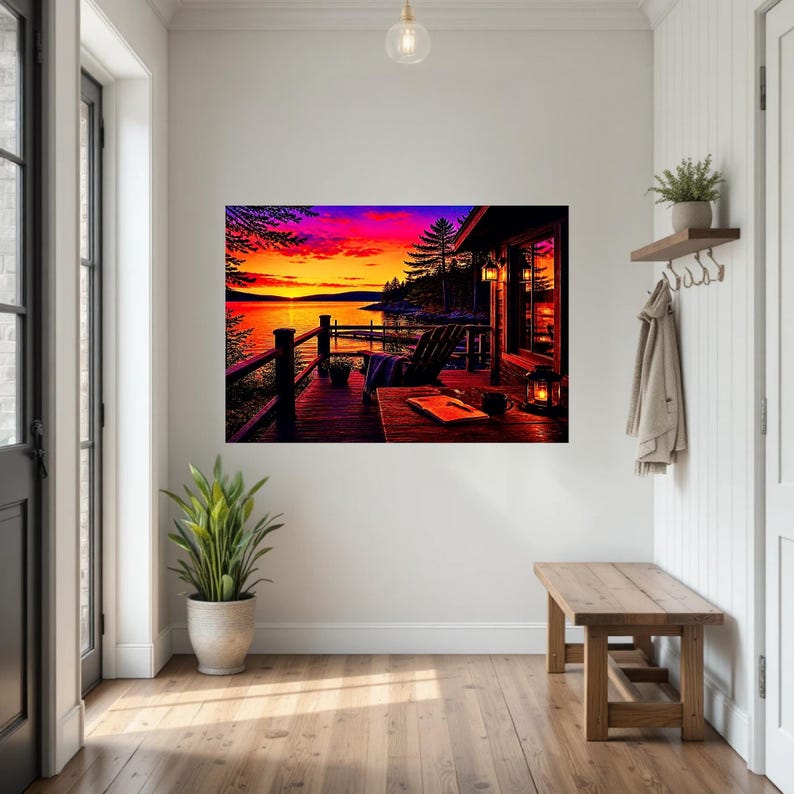 May include: A rectangular wall art print depicting a sunset over a lake viewed from a wooden deck. The scene features a dark silhouette of a chair, a table with a book and a lantern, and a vibrant sky with shades of orange, pink, and purple.