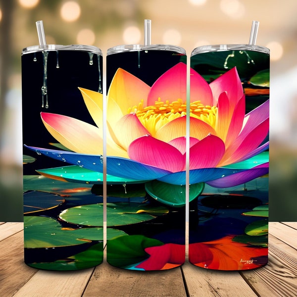 Rainbow Lotus Printable 20 oz Skinny Sublimation Tumbler Wrap, Digital Design, Water Drops, Flowers, Love, Beauty, Purity