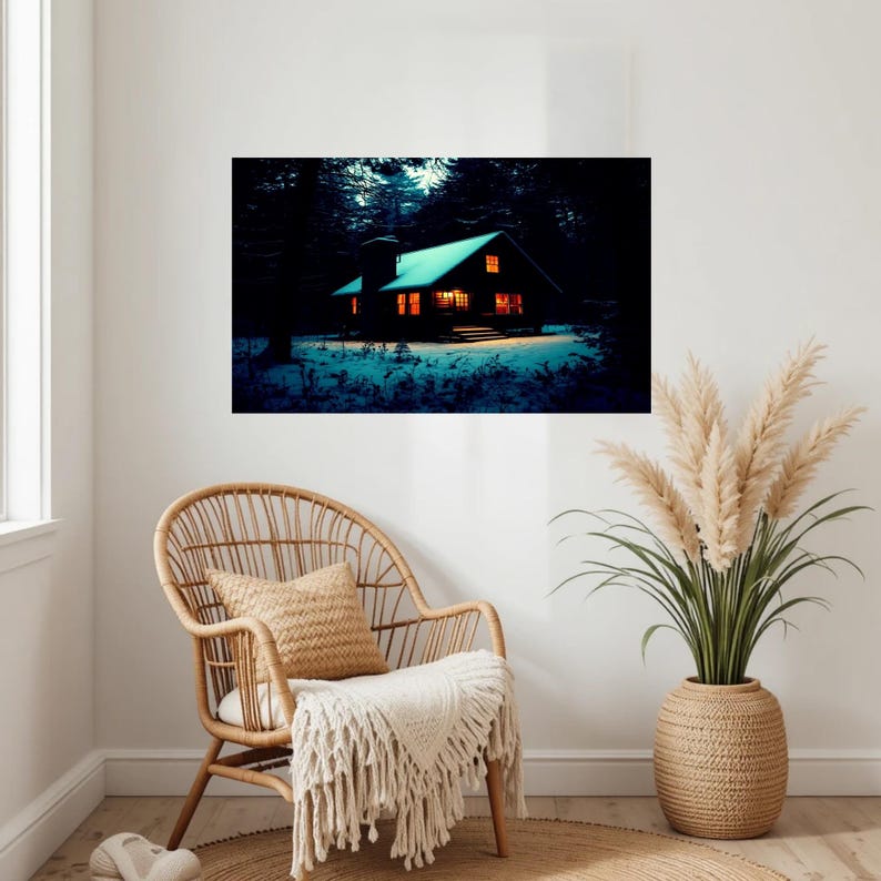 Op de afbeelding: Een rechthoekige wandkunstprint met een donkere hut in een besneeuwd bos bij nacht. De hut heeft een gloeiend dak en warm oranje licht dat uit de ramen straalt, wat contrasteert met de diepblauwe tinten van de omringende bomen en sneeuw.