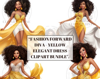 Diva clipart, African American Clipart, Latina Clipart, Fashion Planner Clipart, Digital Download, Transparent Background, Yellow Dress, PNG