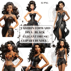 Diva Clipart, African American Clipart, Latina Clipart, Fashion Planner Clipart, Digital Download, Transparent Background, Black Dress, PNG
