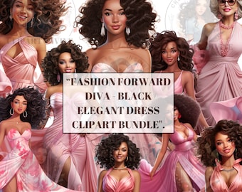 Diva Clipart, African American Clipart, Latina Clipart, Fashion Planner Clipart, Digital Download, Transparent Background, Pink Dress, PNG