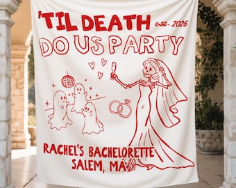 Til Death Do Us Party Bachelorette Banner, Halloween Bachelorette Decor, Skeleton Bachelorette, Gothic Tapestry, Personalized Bride Or Die